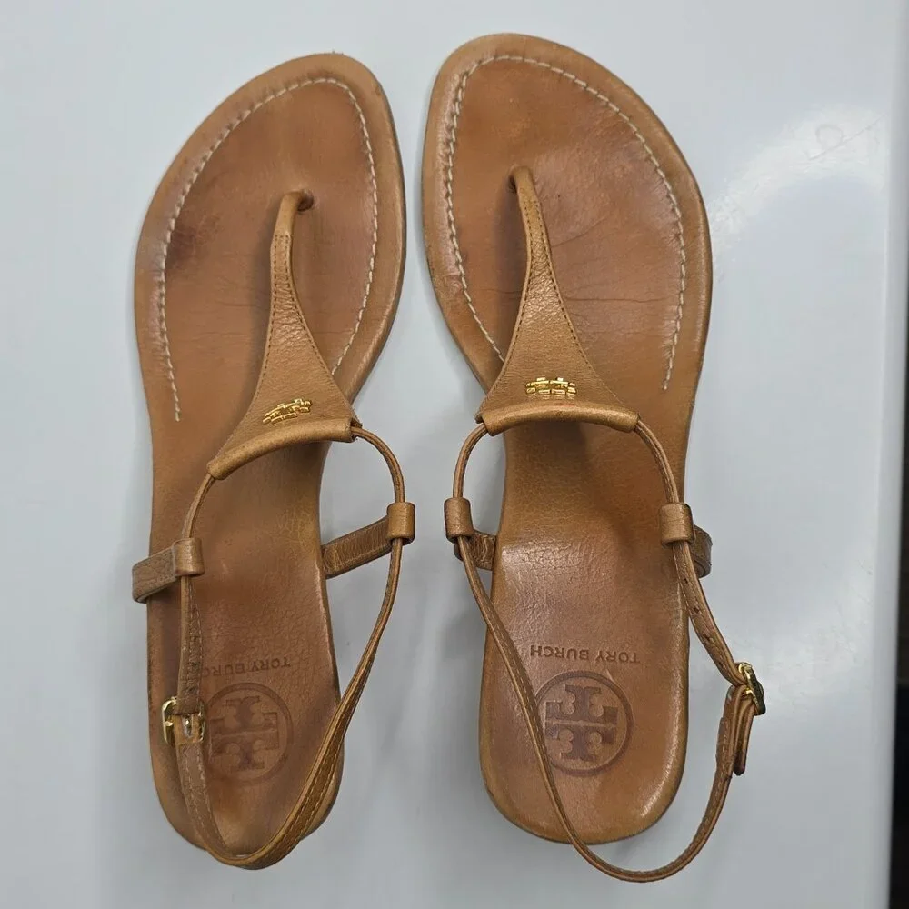 Tory Burch Britton Logo Cork Wedge Thong Sandals Size‎ 10.5 Tan Leather 2